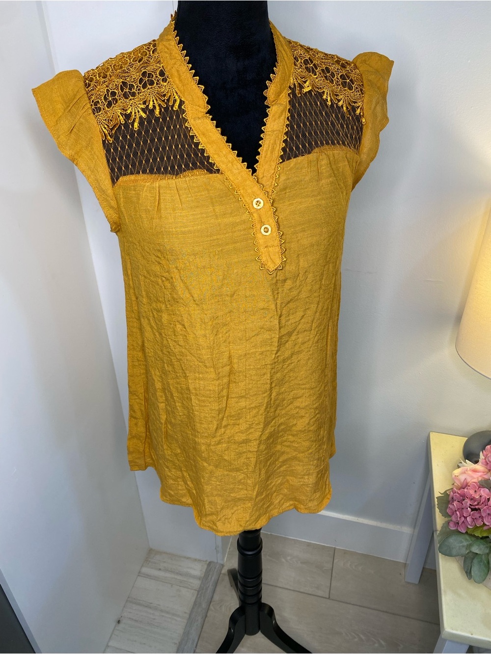 Sweet Wanderer Mustard Yellow Lace Yoke Sleeveless Tunic